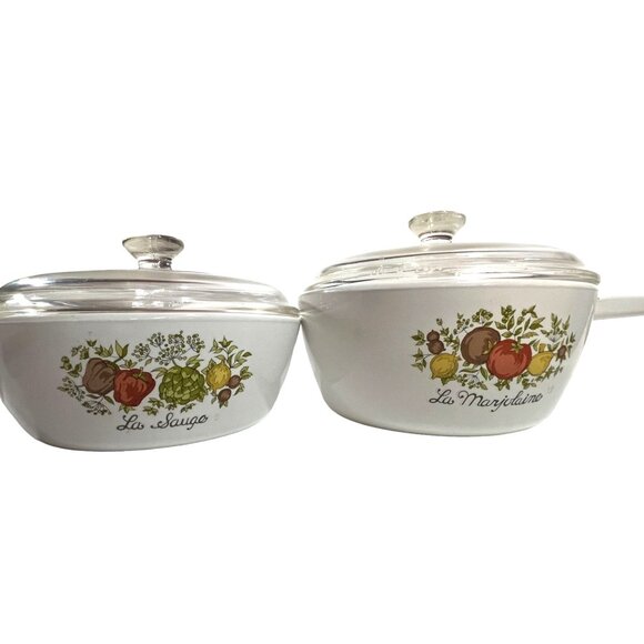 Vtg Corning Ware 1 & 1.5 pints La Marjolaine & La Sauge sauce pans Lids homecore - Picture 1 of 7